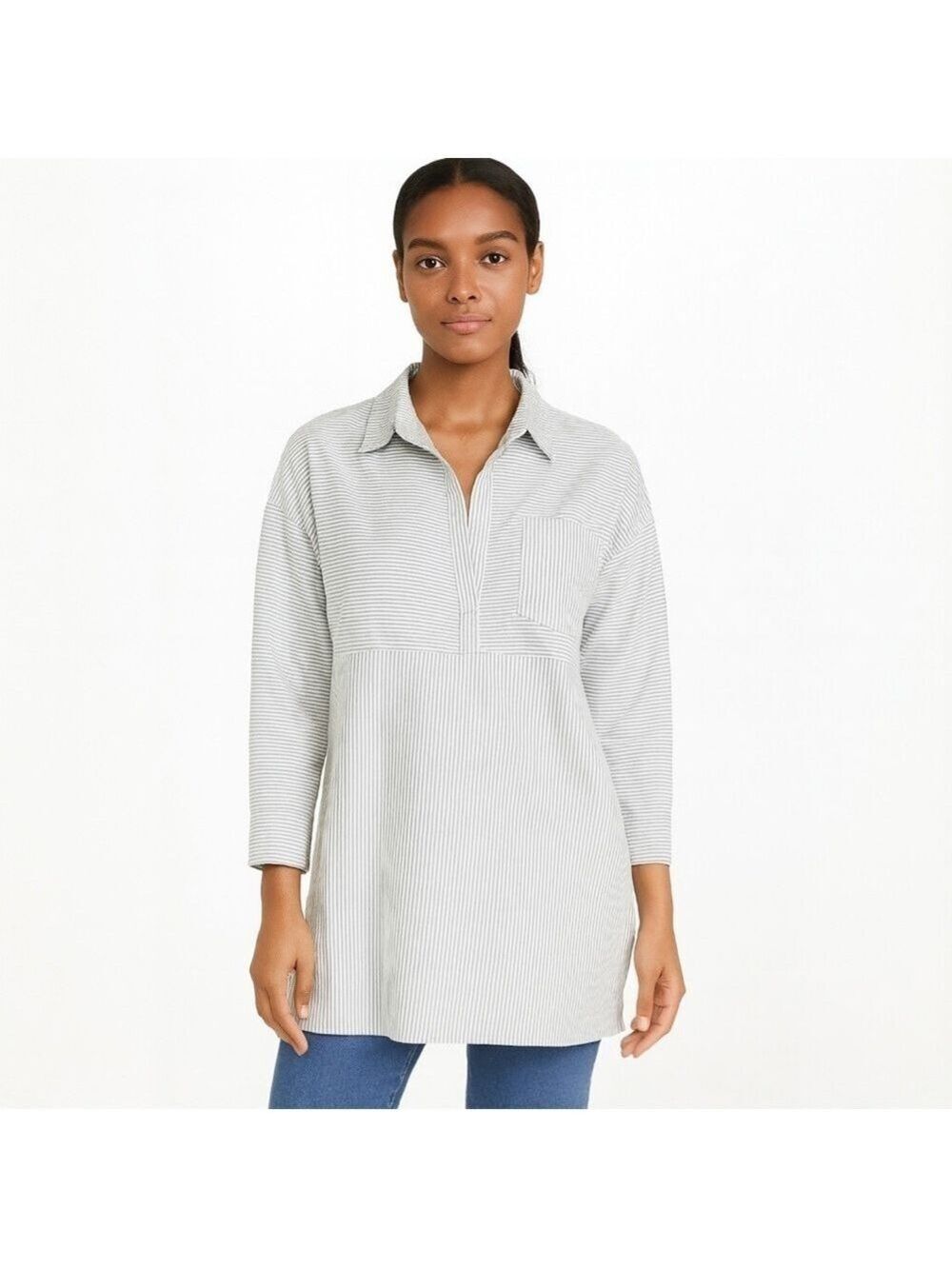 Mazik Light Gray White Striped Oversized Blouse - Size Small - Large